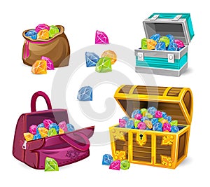 Game chests set with different gemstones on transparent background.