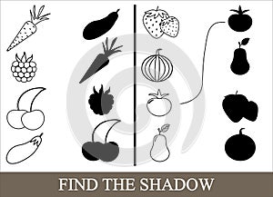 Game for children. Color objects of vegetables, berries and fruits and find the correct shadow.
