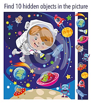 Game for children. Find 10 hidden objects in picture. Puzzle hidden elements game. Boy astronaut in outer space met