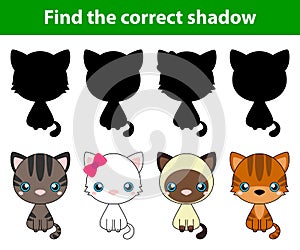Game for children: find the correct shadow (white cat, grey cat,brown and black act, brown cat)