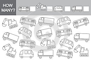 Game for children. How many transports? Learning numbers, mathematics.