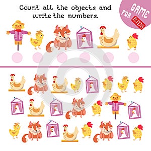 Game for children. Math worksheet for kids. How many objects do you see here. Count and write numbers. Vector color