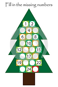 Game with christmas tree for children, fill in the missing numbers, advent calendar, education game for kids, school worksheet