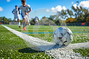 After game. Closeup soccer ball on grass of football field at crowded stadium