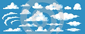 Game clouds asset. Retro 8 bit video game background with cartoon clouds, heaven blue sky game art. Vector UI elements