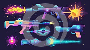 Game comic energy phasers with colorful lightnings and fireballs Cartoon modern set with space guns, explosion, laser