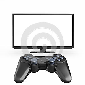 Game concept on the console Illustration of joystick on TV with empty screen background 3d render