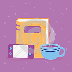 Game console book and coffee cup break time cartoon