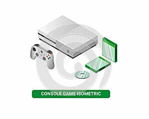 Game console device in white color with green cd case in isometric editable vector isolated in white background