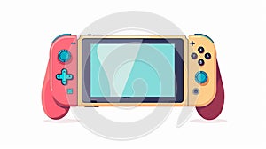 Game console with joycon controller. Attached screen for playing video games. Joycon accessory attached to display. Flat