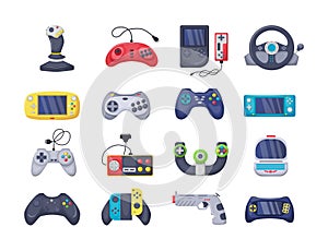 Game console objects set. Gamepad, playing joystick, video console, joy video games gadgets