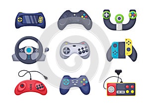 Game console objects set. Gamepad, playing joystick, video console, joy video games gadgets