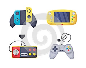 Game console objects set. Gamepad, playing joystick, video console, joy video games gadgets
