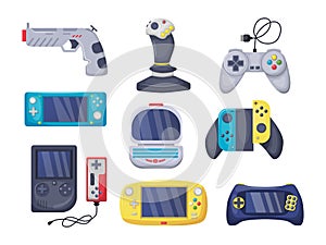 Game console objects set. Gamepad, playing joystick, video console, joy video games gadgets