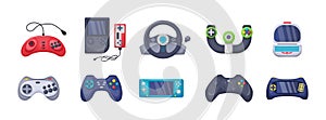 Game console objects set. Gamepad, playing joystick, video console, joy video games gadgets