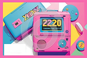 Game console old-school on a pink background. Old stuff from the 2000s era AI generation