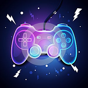 Vector Illustration Retro Neon Color Game Controller. Futuristic Joystick Gamer Design photo