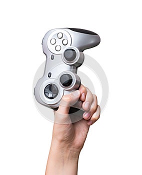 Game controller in hand raised up. Isolated-background