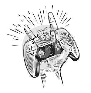 Game controller in hand. Video gamepad sketch vector