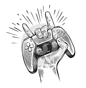 Game controller in hand. Video gamepad sketch vector photo