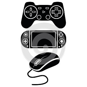 game controller joystick and computer mouse, isolated vector illustration icon stencil