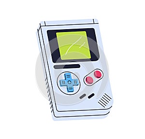 Game controller, 90s mobile gamepad. Retro nostalgic 1990s gaming console with screen. Portable gaming device with photo