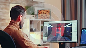 Game creator testing the graphics using modern computer