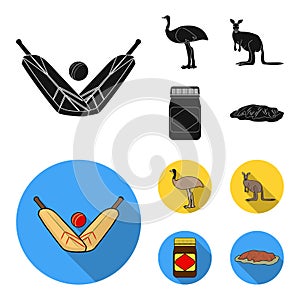 A game of cricket, an emu ostrich, a kangaroo, a popular food.Australia set collection icons in black, flat style vector