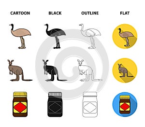 A game of cricket, an emu ostrich, a kangaroo, a popular food.Australia set collection icons in cartoon,black,outline