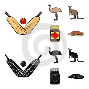 A game of cricket, an emu ostrich, a kangaroo, a popular food.Australia set collection icons in cartoon,black style