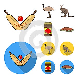 A game of cricket, an emu ostrich, a kangaroo, a popular food.Australia set collection icons in cartoon,flat style