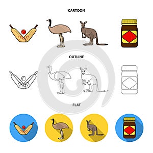 A game of cricket, an emu ostrich, a kangaroo, a popular food.Australia set collection icons in cartoon,outline,flat