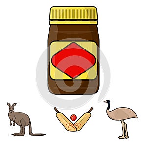 A game of cricket, an emu ostrich, a kangaroo, a popular food.Australia set collection icons in cartoon style vector