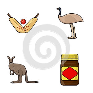 A game of cricket, an emu ostrich, a kangaroo, a popular food.Australia set collection icons in cartoon style vector