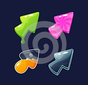 Game Cursor Icons Showcasing Sleek And Modern Designs. Funny Pointers of Green Goo, Candy, Liquid and Glass Textures