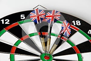 A game of darts with three flags of England on a white background