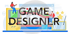 Game designer typographic header. Creative process of a computer