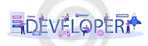 Game developer typographic header. Creative process of a computer