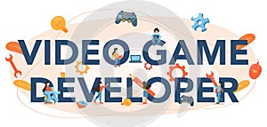 Game developer typographic header. Creative process of a computer video