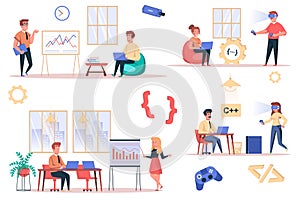 Game developer working isolated elements set. Bundle of employees analyze data, programmers write code, work on projects, gaming
