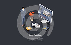 Game Development Concept. GameDev In Process Of Create And Develop New Computer Video Game Design. Digital Technology