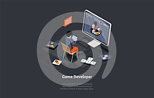 Game Development Concept. GameDev In Process Of Create And Develop New Computer Video Game Design. Digital Technology
