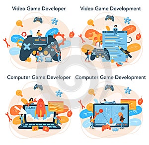 Game development concept set. Creative process of a computer video game