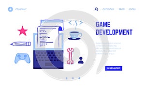 Game development landing page. Programming VR entertainment cyber project, writing digital code. Website interface with buttons.