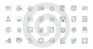 Game Development linear icons set. Code, Design, Programming, Graphics, Animation, Sound, Storyline line vector and