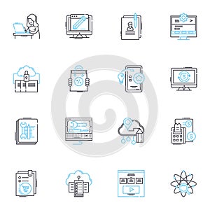 Game Development linear icons set. Code, Design, Programming, Graphics, Animation, Sound, Storyline line vector and