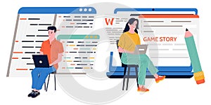 Game development. People programming software with laptops. Coding scripts. Application designers work. Professional
