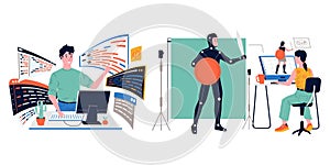 Game development. Specialists create gaming web characters. Programmers coding software. Computer technology