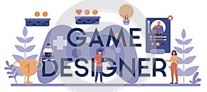 Game development typographic header concept. Creative process