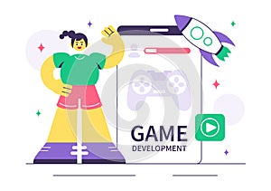 Game Development Vector Illustration Featuring Games, Digital Technology, Programming, and Coding for the Technical Aspects